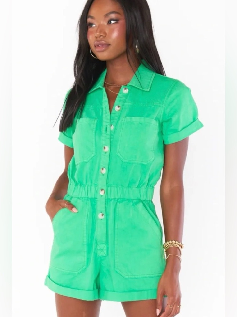 Show Me Your MuMu Bright Green Short-Sleeve Button Romper